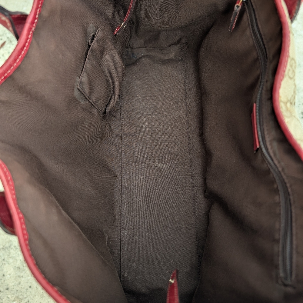 Gucci GG Canvas Tote Bag Red Leather Trim Monogram Shoulder Bag Authentic - Picture 7 of 12